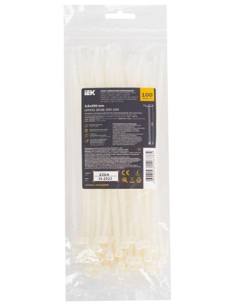 Хомут кабельный 3.6х200 нейл. бел. (уп.100шт) IEK UHH31-D036-200-100