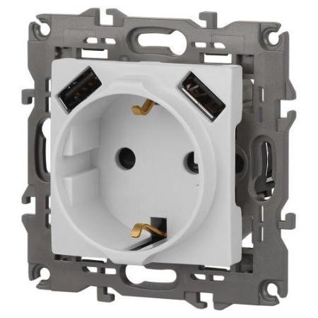 Розетка Elegance 14-4109-01М 16A 250В 2P+E защ. штор. с 2xUSB 3А 5В матов. бел. Эра Б0065773