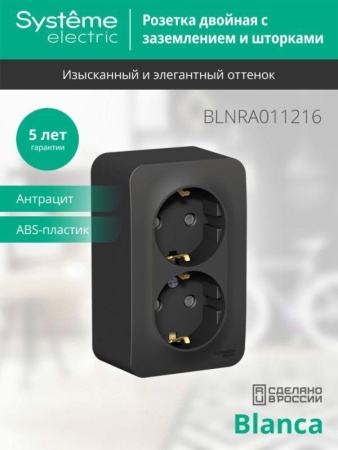 Розетка 2-м ОП Blanca 16А IP20 250В с заземл. защ. шторки с изолир. пластиной антрацит SE BLNRA011216