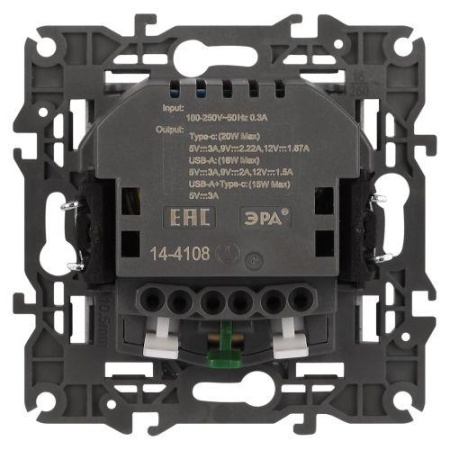 Розетка Elegance 14-4108-01 16A 250В 2P+E защ. шторки с USB type-A+C 3А 5В белый Эра Б0067736