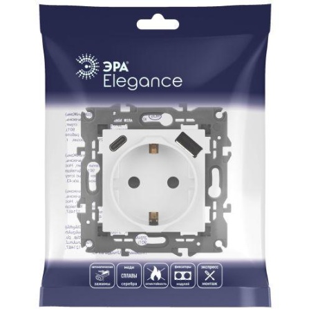 Розетка Elegance 14-4108-01 16A 250В 2P+E защ. шторки с USB type-A+C 3А 5В белый Эра Б0067736