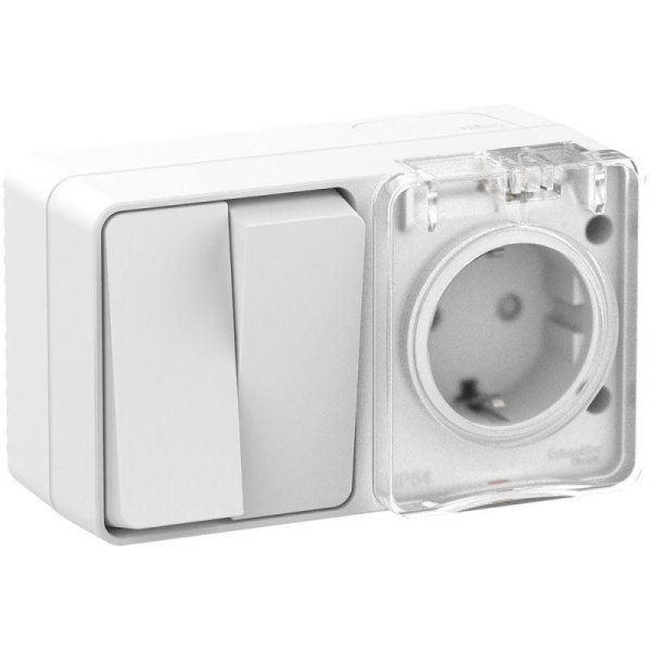 Блок ОП AtlasDesign PROFI IP54 (розетка 1-м 16А заземл. защ. шторки + 2-кл. выключатель 10А) бел. SE ATN540174