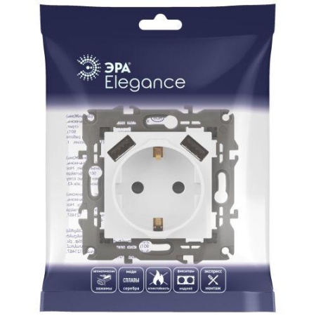 Розетка Elegance 14-4109-01М 16A 250В 2P+E защ. штор. с 2xUSB 3А 5В матов. бел. Эра Б0065773