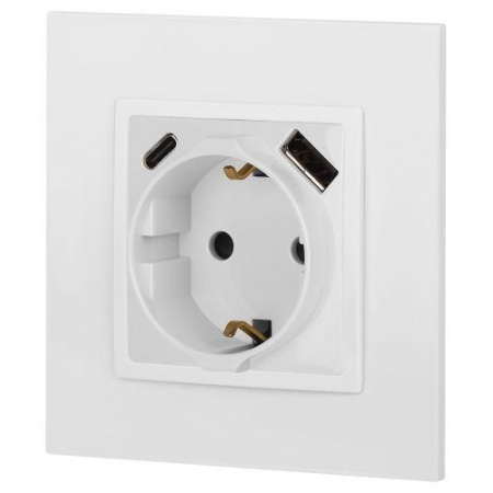 Розетка Elegance 14-4108-01 16A 250В 2P+E защ. шторки с USB type-A+C 3А 5В белый Эра Б0067736