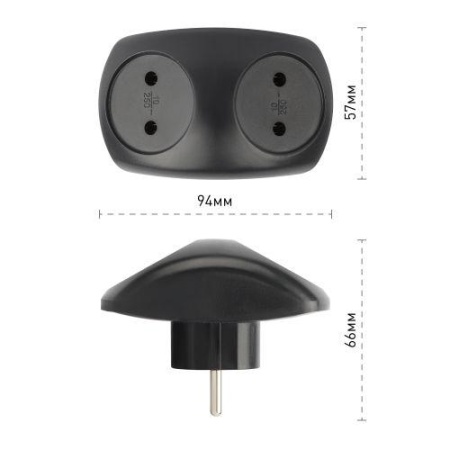 Разветвитель электрический SPx-2-B на 2 розетки без заземл. 10А черн. Эра Б0059720