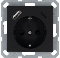 Розетка Shuko 16А с заземл. защ. шторки с 2-мя заряд. устройствами USB тип A+C 25Вт механизм черн. матов. soft touch Jasmart G5501USB-25PB