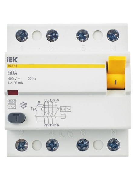 Выключатель дифференциального тока (УЗО) 4п 50А 30мА тип AC ВД1-63 KARAT IEK MDV10-4-050-030