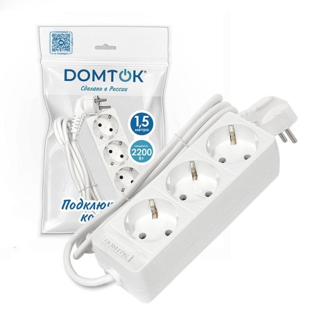 Удлинитель 3х1.5м с заземл. 10А IP20 2.2кВт ПВС 3х0.75 бел. DOMTOK 2373