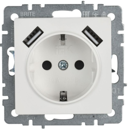 Розетка BRITE РЮш10-1-БрБ 16А с USB A+A 2.1А с заземл. защ. шторки механизм бел. IEK BR-R14-16-U21-D21-K01