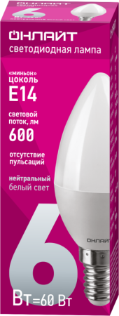 Лампа светодиодная 71 629 OLL-C37-6-230-4K-E14-FR 6Вт свеча 4000К нейтр. бел. E14 600лм 176-264В ОНЛАЙТ 71629