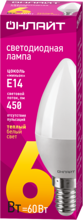 Лампа светодиодная 71 628 OLL-C37-6-230-2.7K-E14-FR 6Вт свеча 2700К тепл. бел. E14 600лм 176-264В ОНЛАЙТ 71628