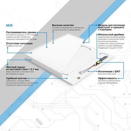 Светильник светодиодный MiR 30Вт 4000К IP40 3700лм 595х595х50мм ДВО офисный рассеив. призма GAUSS G1-A0-00070-01G03-2003540