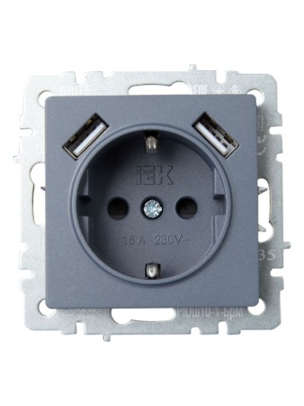 Розетка BRITE РЮш10-1-БрМ 16А с USB A+A 2.1А с заземл. защ. шторки механизм маренго IEK BR-R14-16-U21-D21-K35