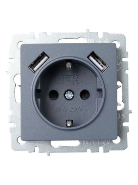 Розетка BRITE РЮш10-1-БрМ 16А с USB A+A 2.1А с заземл. защ. шторки механизм маренго IEK BR-R14-16-U21-D21-K35
