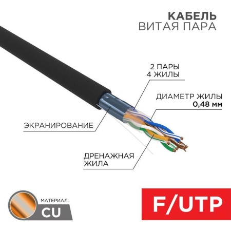 Кабель витая пара F/UTP кат.5E 4х2х24AWG медь наружн. прокл. черн. (м) PROCONNECT 01-0154